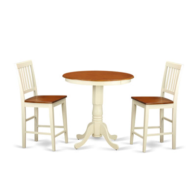 3 Piece Counter Height Dining Table Set Contains a Round Table with Pedestal and 2 Kitchen Dining Chairs, Buttermilk & Cherry