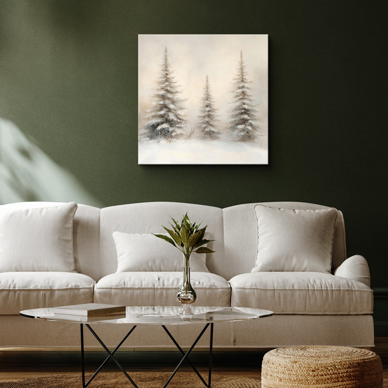 «Christmas Vintage Winter Landscape Pine Tree Holiday Neutral Decor», reproduction d'art sur toile encadrée, Toile tendue