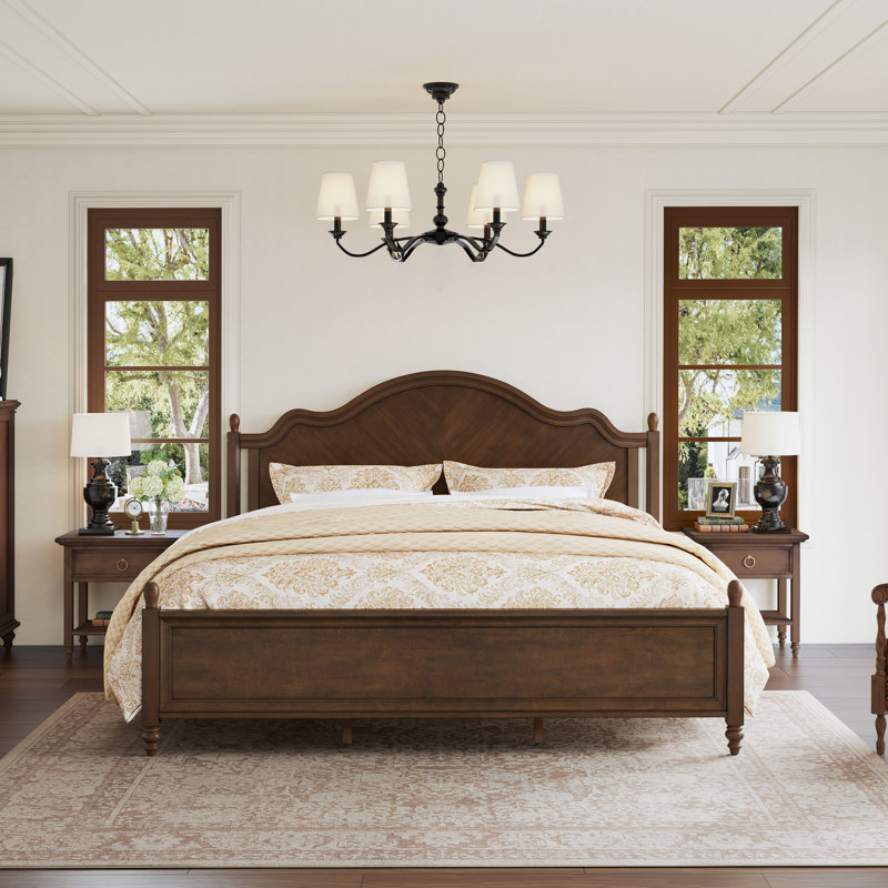 Mid-Century Modern Solid Wood Bed with Herringbone-Inspired Pattern Headboard, Dark Walnut, King