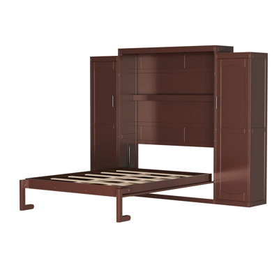 Multifunctional Full Size Bed, Foldable Platform Bedframe With 2 Wardrobes, Walnut, Adaptable To Home Office Suitable For Flexibility