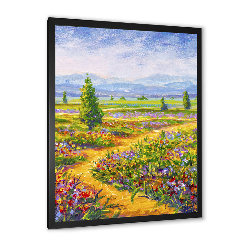 Chemin vers un champ floral coloré - Peinture, Toile avec cadre photo noir, H 20 po x l 12 po x P 1 po