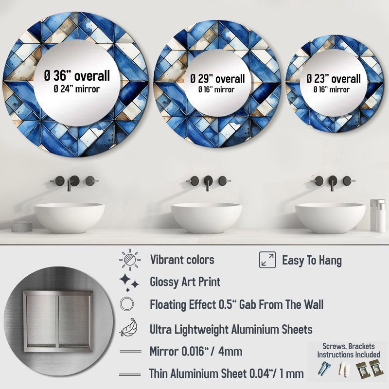 Rustic Cobalt Lattices Elegance - miroir mural géométrique, miroir décoratif rond bleu, impression d'art en métal