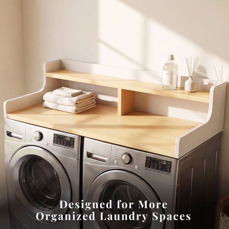 OMCHOM Double-Tier Wooden Laundry Countertop - Space-Saving Storage Organizer with Enhanced Stability & Easy-Clean Surface