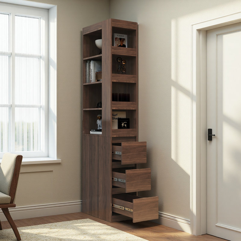 Armoire de rangement 70,87 "H, 4 niveaux, 3 tiroirs latéraux et 4 petites tablettes, grande bibliothèque moderne en bois