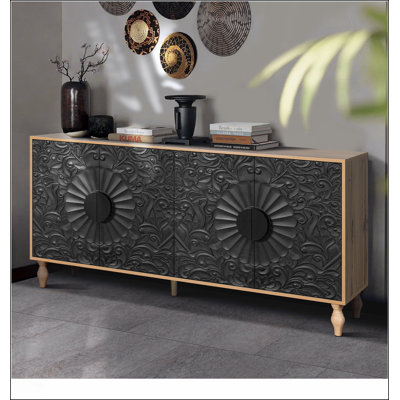Meuble télé sculpté de conception symétrique avec rangement réglable et surface facile à nettoyer, parfait pour les décors modernes et rétro.