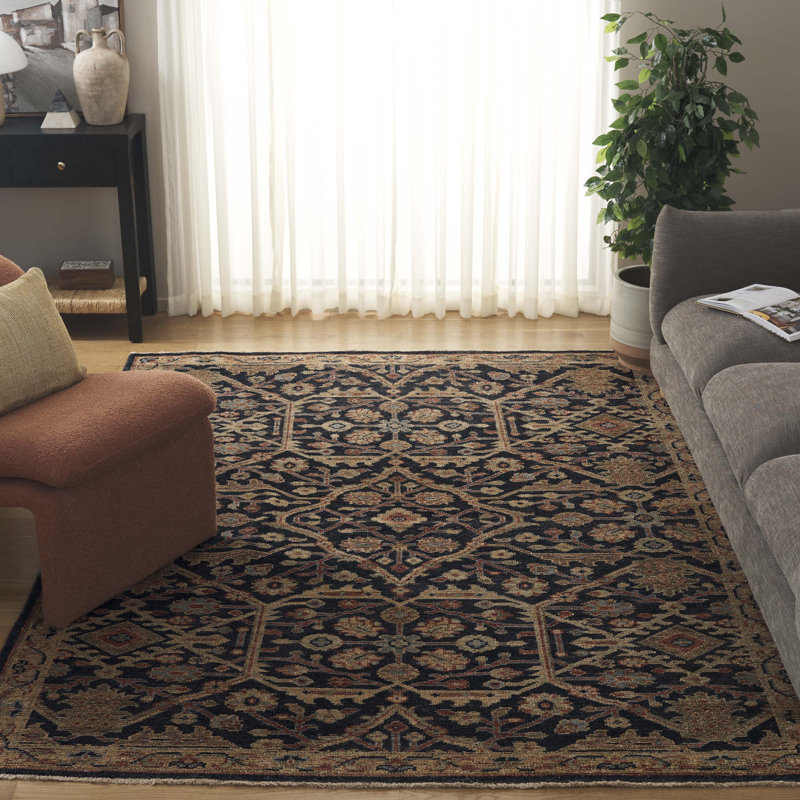 Oriental Hand-Knotted Blue / Gold Area Rug, Rectangle 6' x 9'