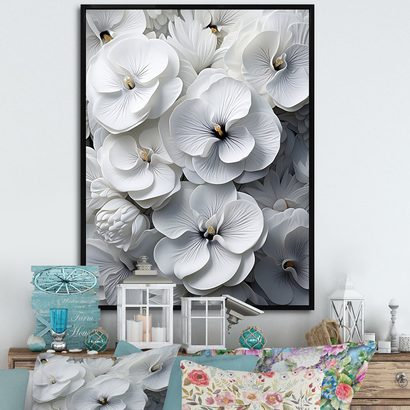 Pensées blanches élégantes, Cadre flottant noir, H 44 po x l 34 po x P 1,5 po