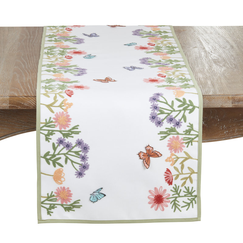 Embroidered Floral Butterfly Table Runner – Non-Reversible Decorative Table Runner, 16"x70"