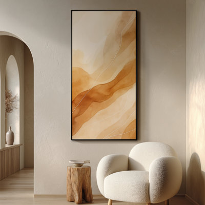 Très grande reproduction d'art sur toile - art abstrait minimaliste, vague terreuse aux tons blancs avec décorations de lignes blanches, décor contemporain pour le salon ou la chambre à coucher - «Assemblage requis du cadre (cadre non fini)»