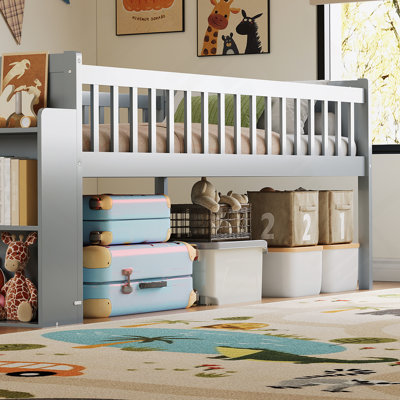 Structure de lit avec tablette de rangement, lit en bois avec glissoire et échelle, garde-corps