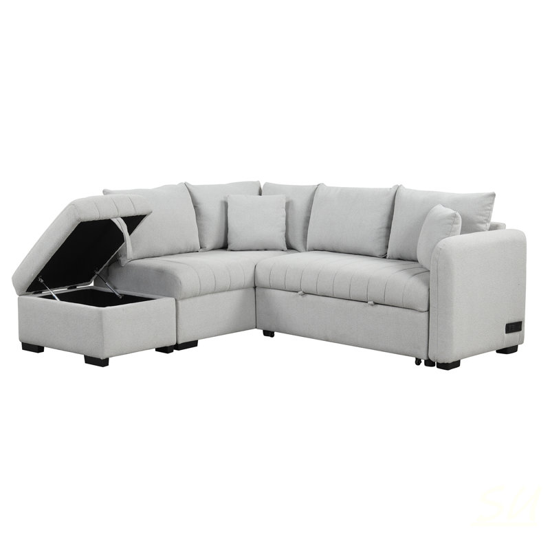 Canapé-lit modulaire en forme de L de 82,6 po avec deux ports USB, Polyester gris