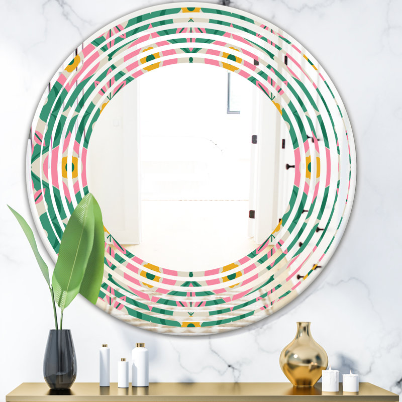 Coastal Frameless Wall Mirror, 31.5" x 31.5", Wave Pattern Flowers and Leaves