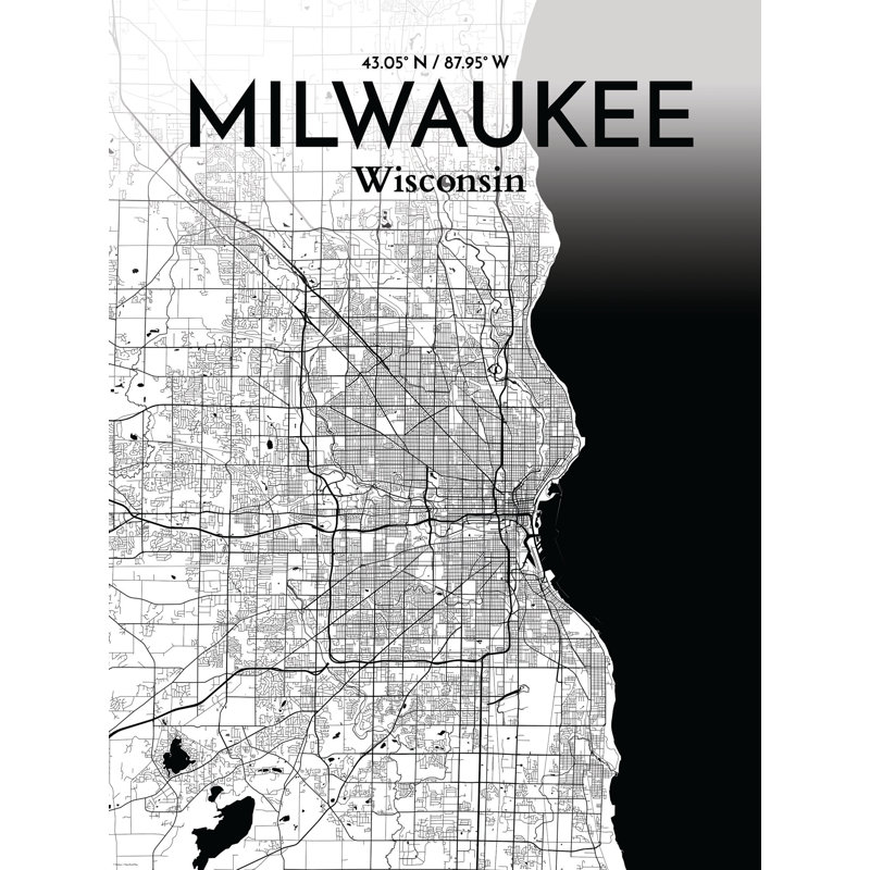 Milwaukee City Map by Nancy Lee - Unframed Graphic Art Print on Paper, 50.8cm H x 40.6cm W x 0.13cm D, Black/White