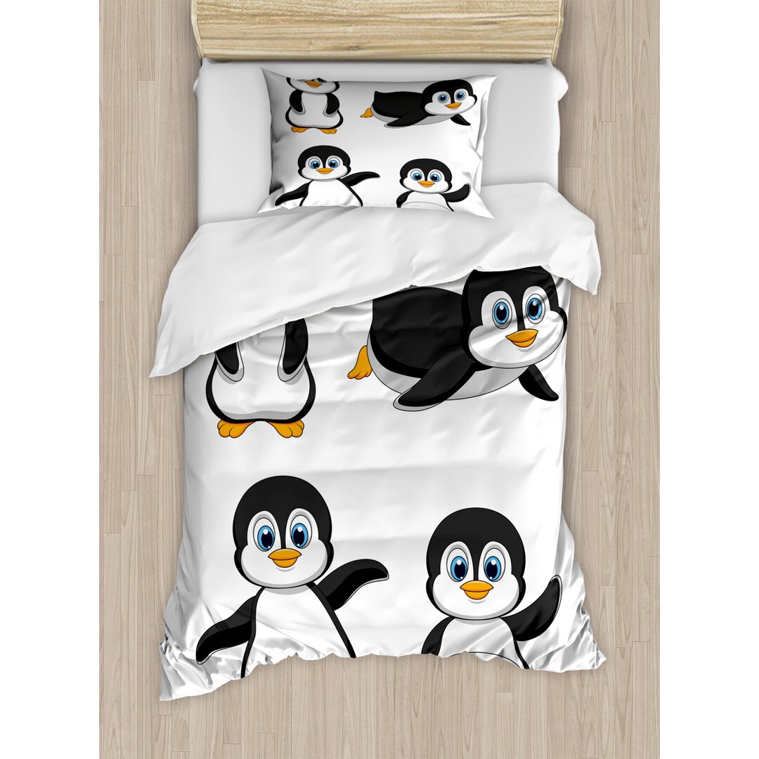 Bettbezug Set, Penguin Cartoon-Spaß, Baby, Schwarz Blau Orange