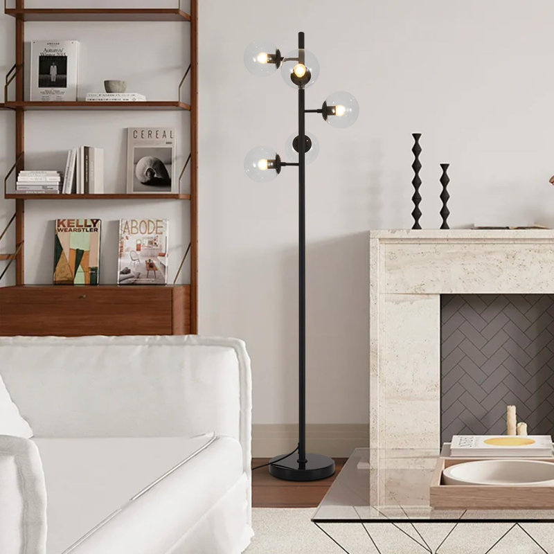 5-Light Globe Floor Lamp, Mid-Century Modern Design, Tall Standing Lamp For Living Room, Bedroom, Office, Contemporary Style With Marble Base And Foot Switch