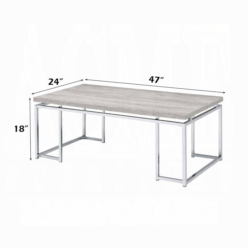 Table basse en chêne naturel moderne avec cadre chromé et tablette de présentation