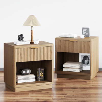 Ensemble de 2 tables de chevet cannelées, table de chevet en bois avec station de charge, table de chevet avec tiroir, tables de bout modernes Mid-Century pour canapé de chambre à coucher