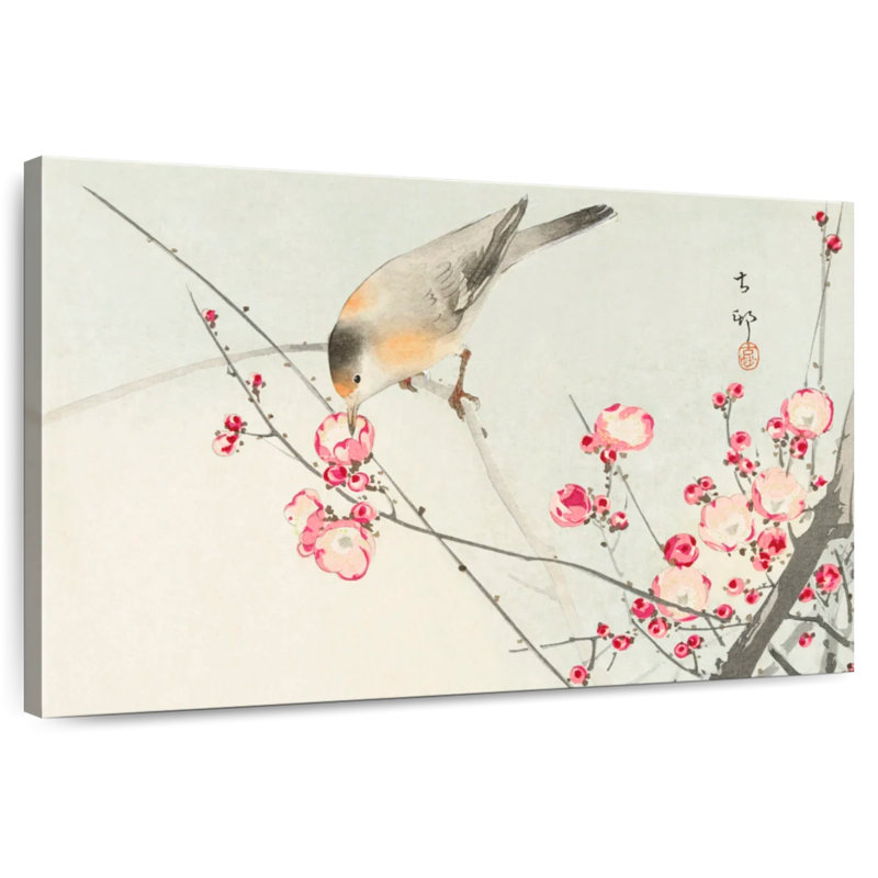 Oiseau chanteur sur une branche en fleurs, H 20 po x l 30 po