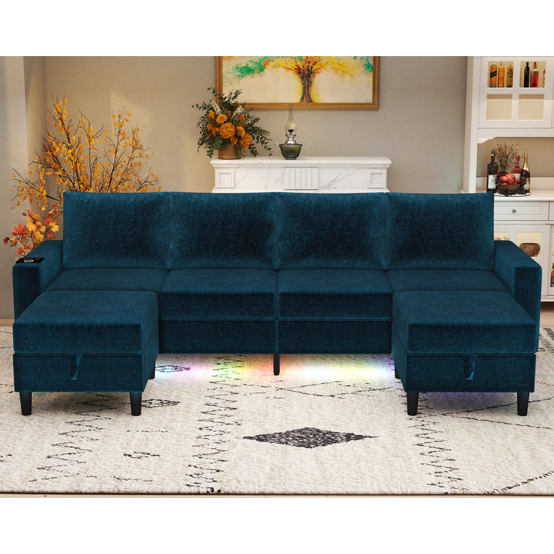 6 Seat Chenille Sectional Sofa With Smart Module-Wireless Charging/Usb/Type-C/Rgb Light, Blue