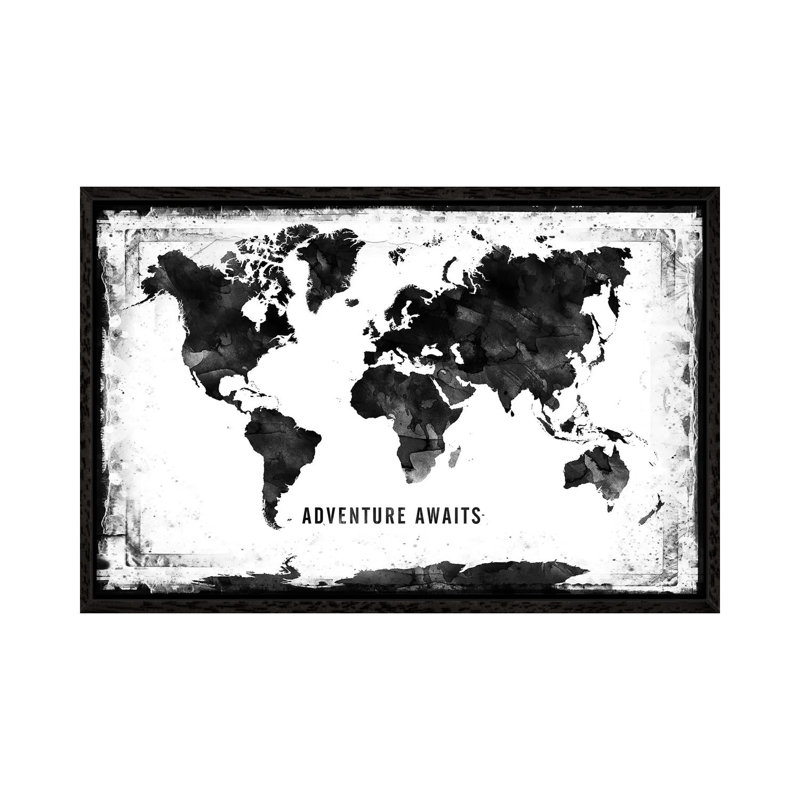 Black And White Framed World Map - Print on Canvas, Black Framed, 45.72cm H x 66.04cm W x 3.81cm D