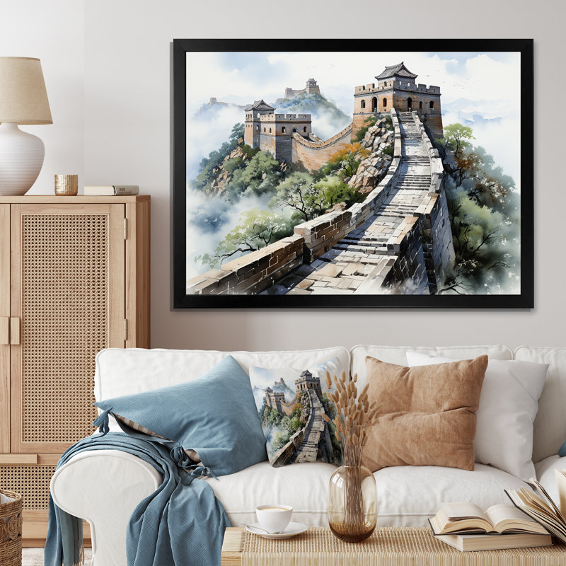 Grande muraille de Chine, sérénité 5 - Art mural Chine, Cadre d'angle fermé noir, H 16 po x l 32 po x P 1 po