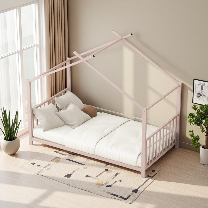 Twin Size Metal House Platform Bed, Pink