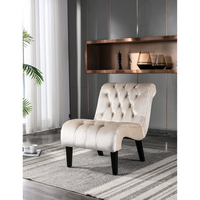 Chaise de salon en velours beige avec base en bois d'hévéa éponge épaisse et pieds en bois