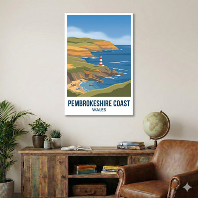 Pembrokeshire Coast, Wales - Vintage Travel Poster of Rugged Cliffs, Lighthouses and Hidden Coves. Giclee Print on Wrapped Canvas. Wall Art, Home Decor - Regions & Scenic Areas, Wales 1 Piece Wrapped Canvas Wall Art