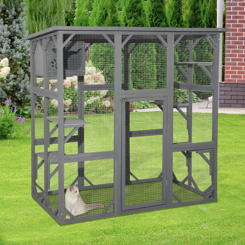 Grand parc extérieur pour chat en bois, enclos, gris