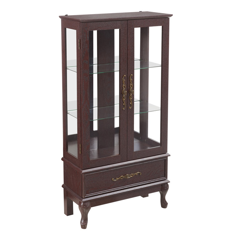 Lighted Glass Cabinet with Adjustable Glass Shelves 2 Doors and 1 drawer, 51.57" H x 25.98" W x 11.81" D, Espresso