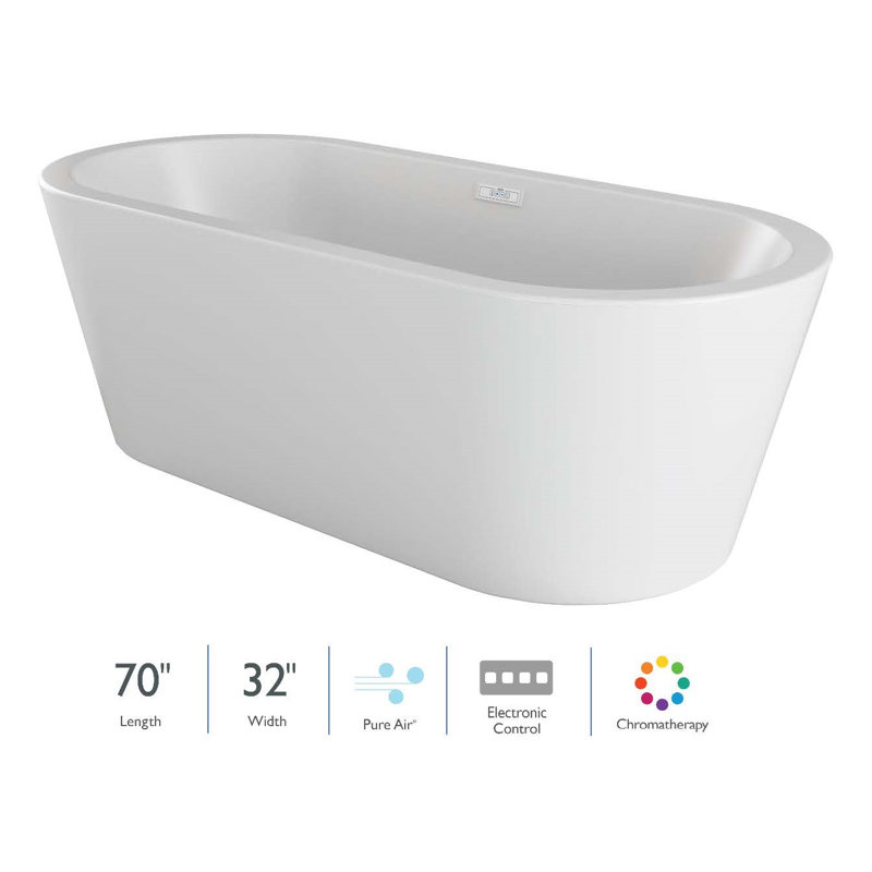 CELESTE 70"x32" Freestanding PURE AIR® Chromatherapy Bath Centre Drain White with Chrome & White Toe Tap Drains, White