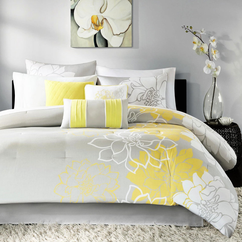Cotton King Comforter - Taupe Grey/Yellow, , 1 Comforter, 2 Shams, 3 Pillows Printed Bedding ,, Yellow/Gray