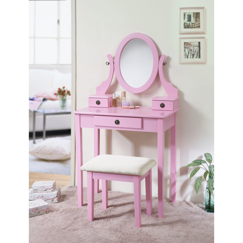 Ensemble coiffeuse et tabouret de maquillage Landisburg, Rose