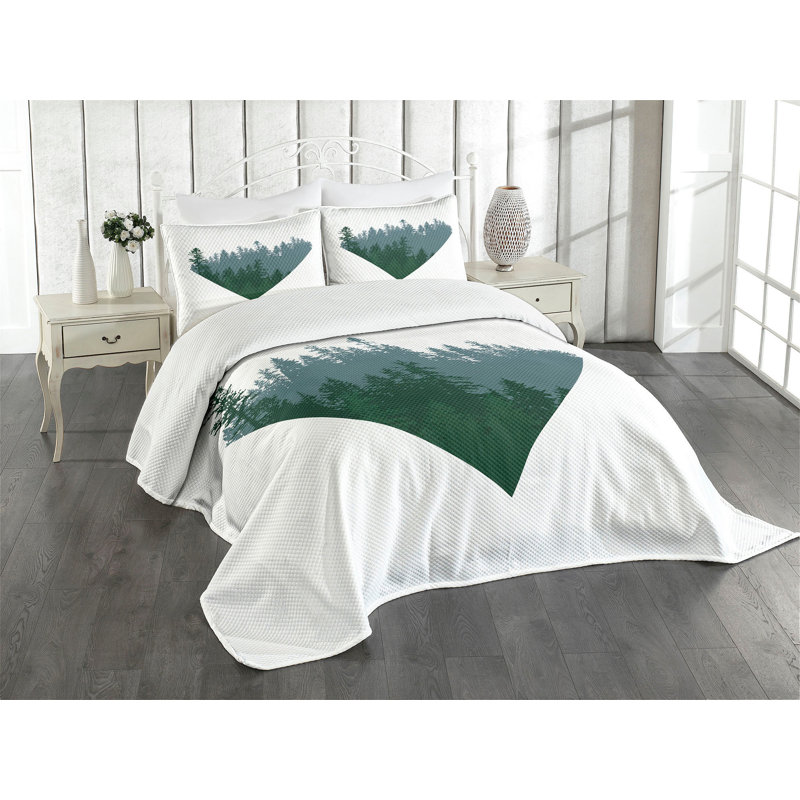 White Quilted Queen Bedspread Set with Forest Design