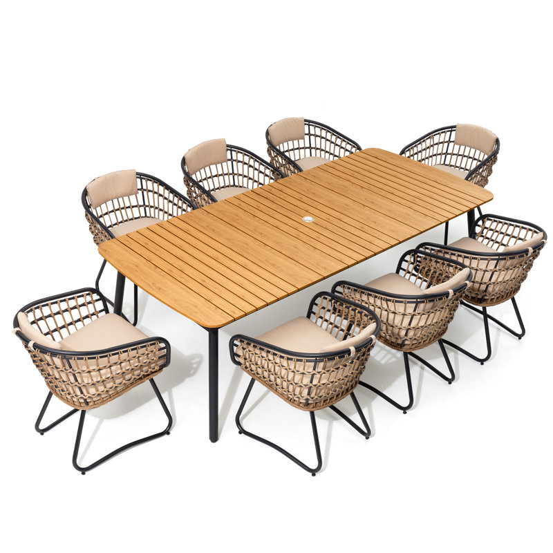 8 - Person Rectangular Outdoor Dining Set (Set of 9), Beige Cushion / Brown Table