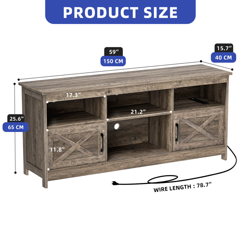 Meuble télé Mercato Modern Farmhouse, Gris délavé, H 25,6 po x l 59 po x P 15,7 po