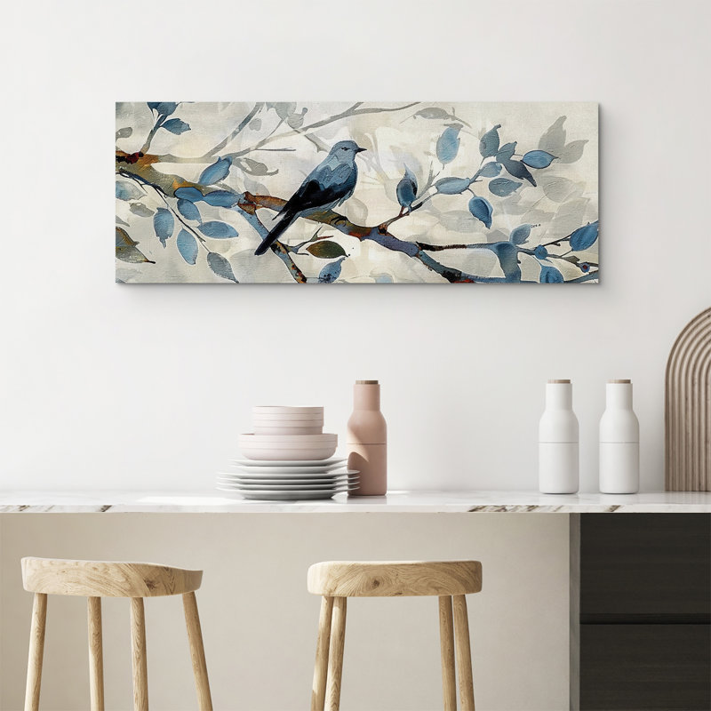 «Animals Tranquil Blue Birds On Tree Branches On Canvas», reproduction de 2 pièces, Toile tendue, H 24 po x l 32 po