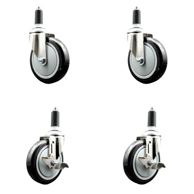 5 Inch 316SS Black Poly Swivel 1-3/8 Inch Expanding Stem Caster Set 2 Brake SCC