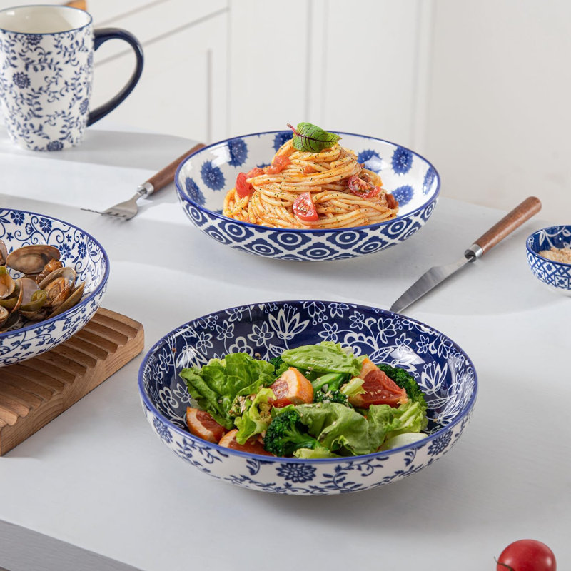 Ensemble de 4 bols à pâtes en céramique pour la soupe, la salade, les céréales et les pâtes - Va au micro-ondes, au lave-vaisselle et au four - Conception large et peu profonde pour une utilisation polyvalente