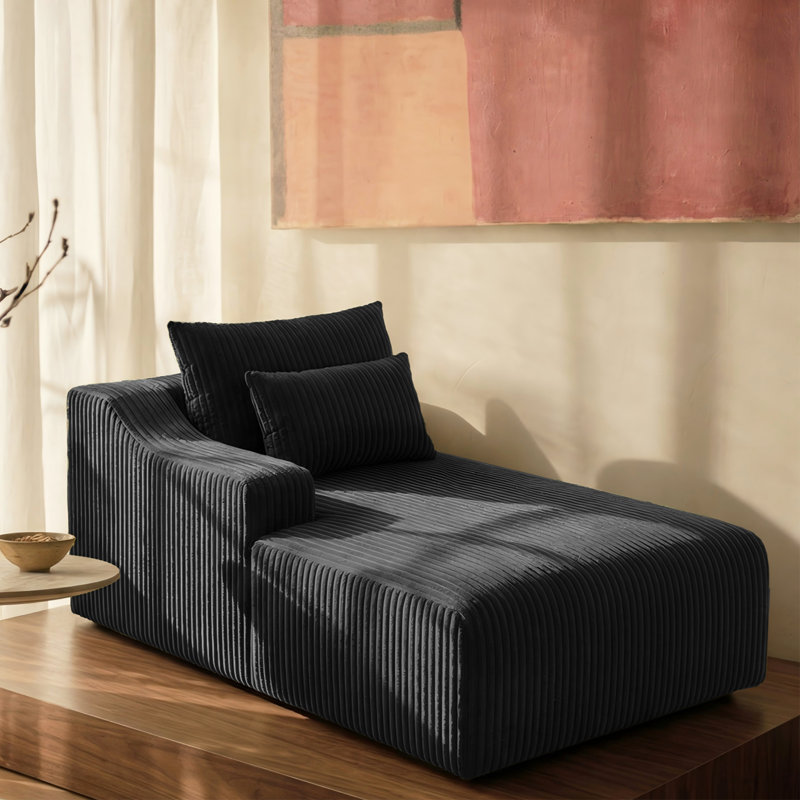 Chaise longue en velours côtelé Compression, chaise rembourrée confortable avec coussins pour le salon, Velours côtelé noir