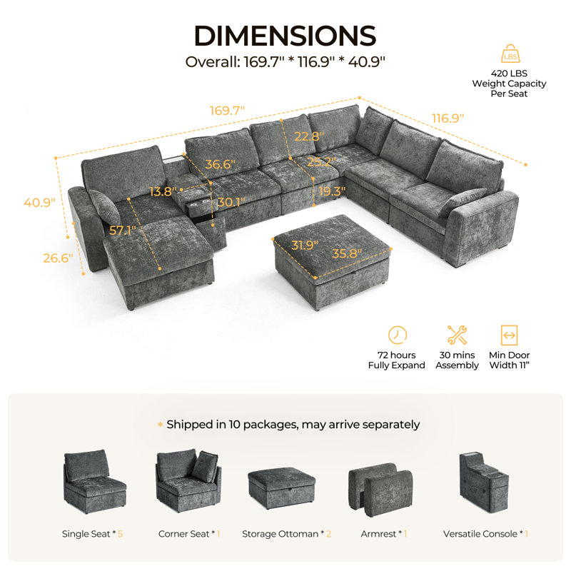 U-shaped 8-seater Oversized Modular Sofa Set Chenille Cloud Couch With Versatile Console, Side Table With Charging Storage Cup Holder