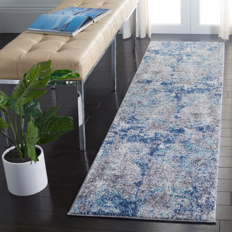 Tapis rond bleu marine / gris à motif abstrait, Tapis de couloir 2 pi x 5 pi
