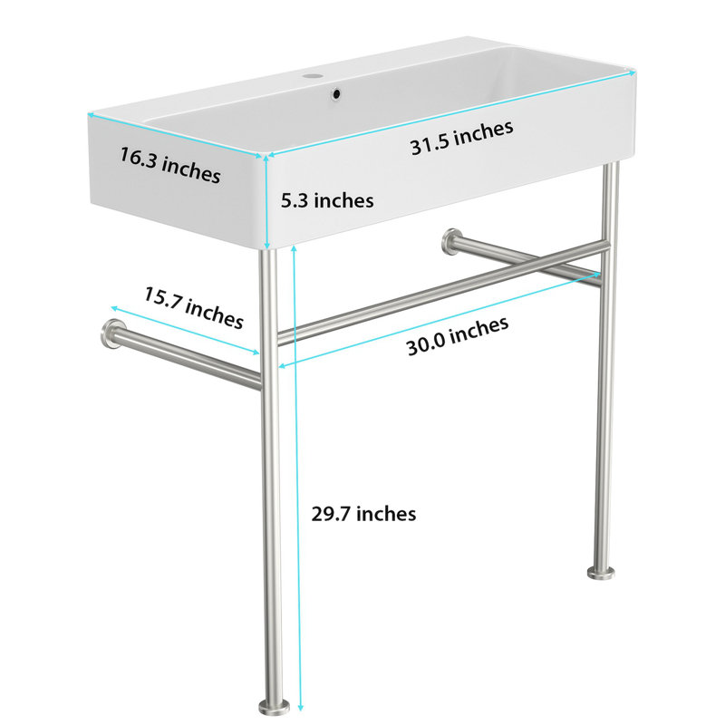 Glossy White Ceramic Rectangular Console Sink with Steel Legs