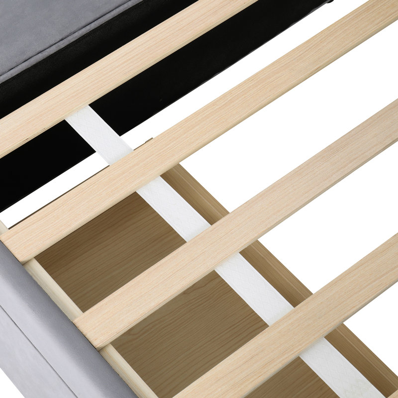 Lit plateforme tapissier en L avec rangement et tiroirs, Gris
