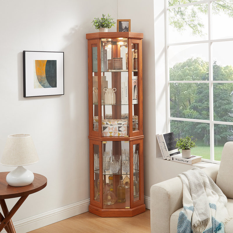 Vitrine de coin lumineuse en verre pour le salon, idéale pour la collection antique, le rangement du vin et la présentation d'objets précieux