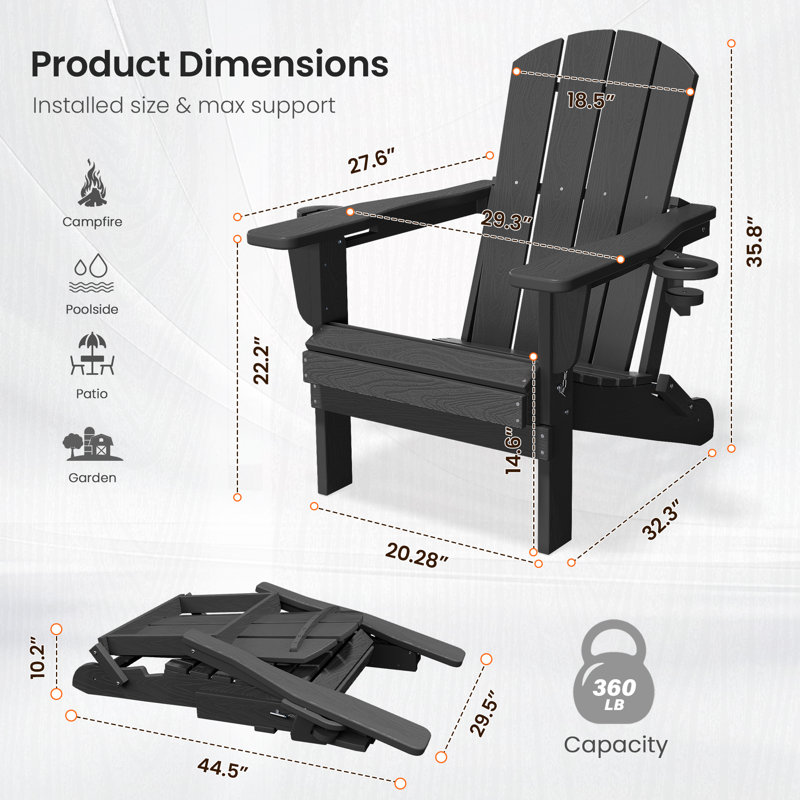 Wolak High Density Polyethylene Folding Adirondack Chair With Double Cup Holder(Set Of 4), Dark Gray