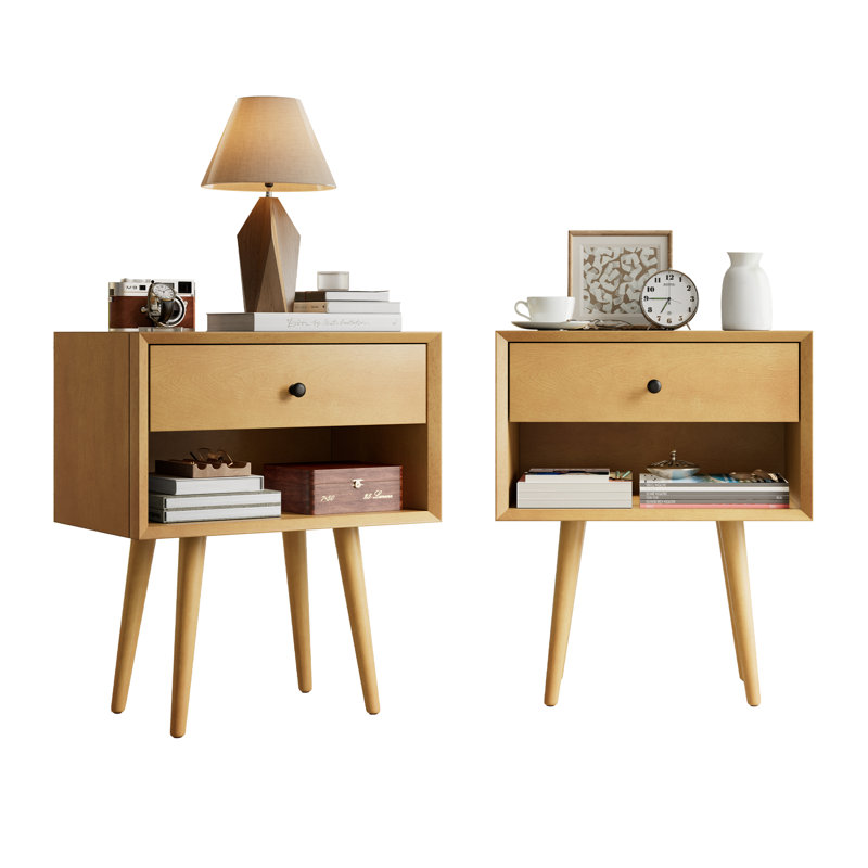 Table de chevet avec tiroir Mid-Century, Naturel