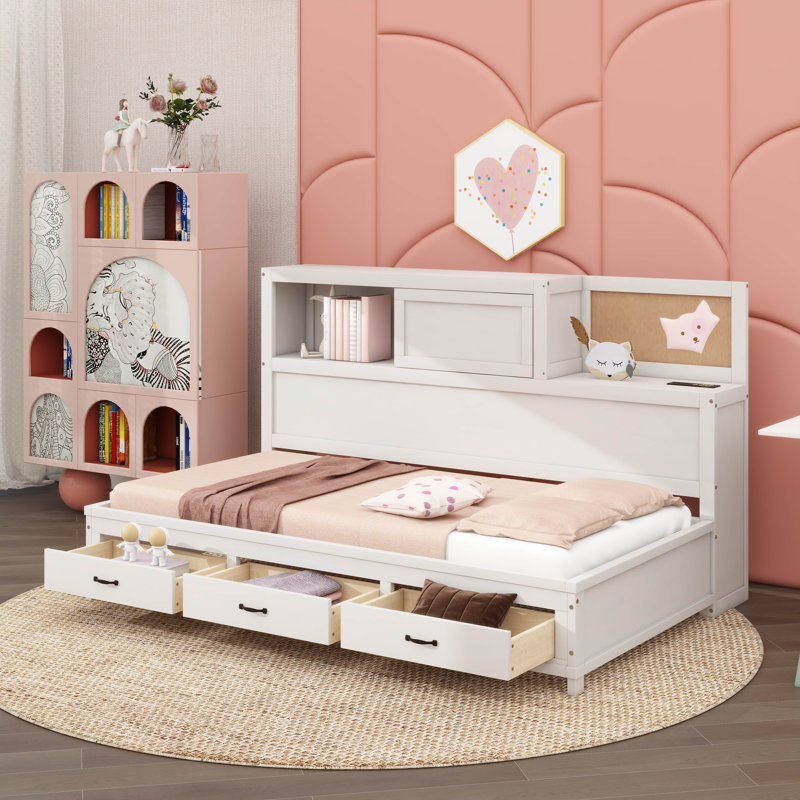 Lit de jour en bois Jacksten avec 3 tiroirs, tablette souple supérieure, tablette, prises et ports USB, Lit simple, Blanc