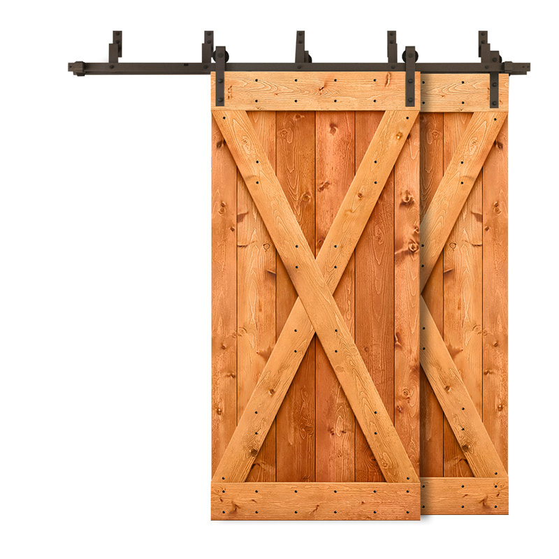 Porte de grange double à panneaux en bois teinté à panneau avec ensemble de quincaillerie coulissante, 92 po x 84 po