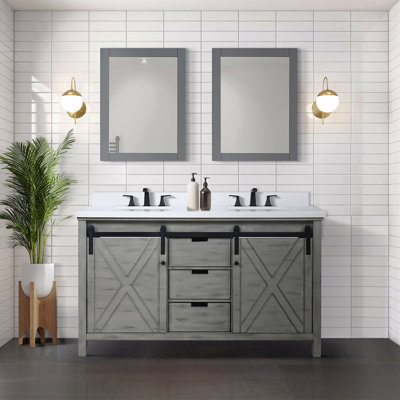 Ensemble de meuble-lavabo à double cuve 60 "de large x 22" de profondeur, comptoir en quartz blanc et robinet
